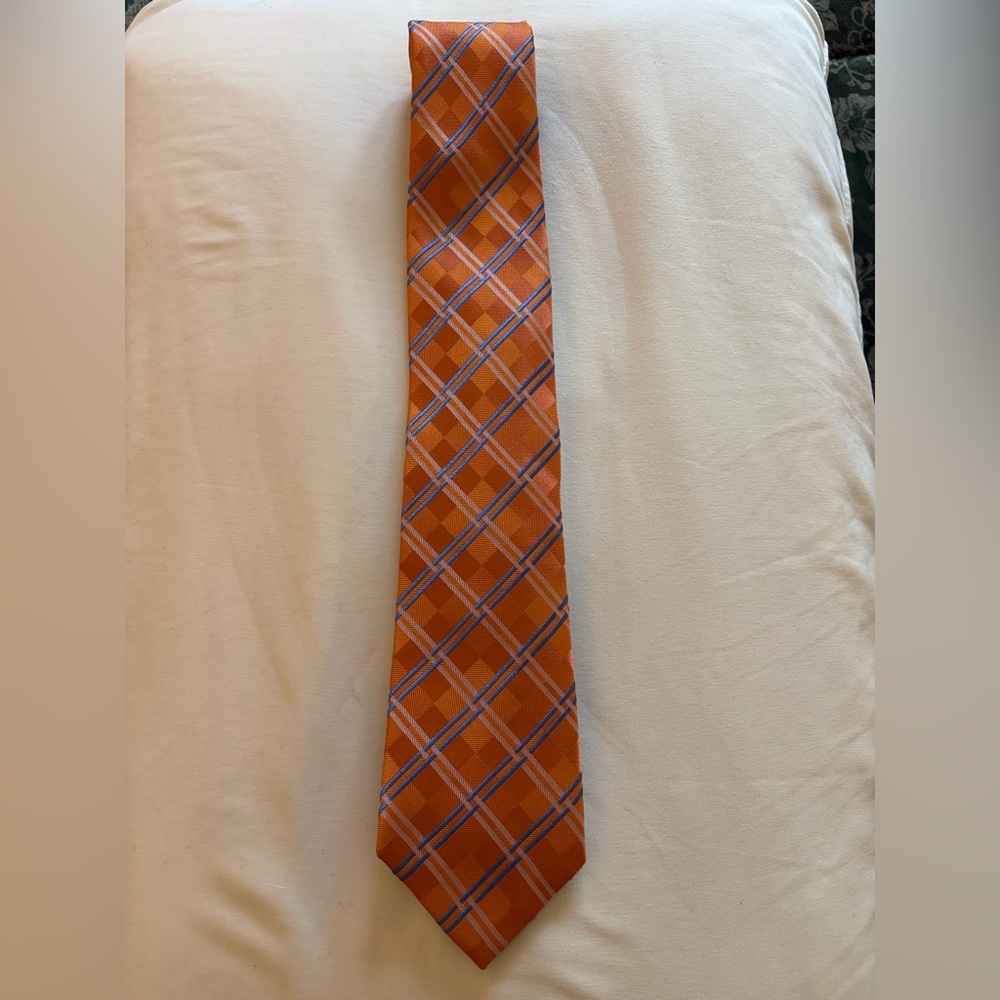 Geoffrey Beene Orange and Blue Plaid Silk Tie